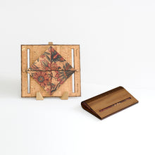Load image into Gallery viewer, Walnut wood and floral pattern cork fabric clutch purse shown open and closed