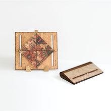 Load image into Gallery viewer, Birch wood and floral pattern cork fabric clutch purse shown open and closed