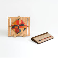 Load image into Gallery viewer, Birch wood and modern pattern cork fabric clutch purse shown open and closed