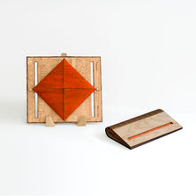 Load image into Gallery viewer, Birch wood and orange cork fabric clutch purse shown open and closed