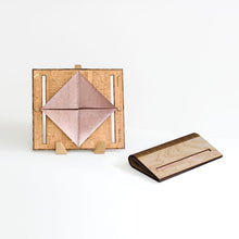 Load image into Gallery viewer, Birch wood and rose gold cork fabric clutch purse shown open and closed