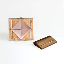 Load image into Gallery viewer, Walnut wood and rose gold cork fabric clutch purse shown open and closed