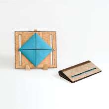 Load image into Gallery viewer, Birch wood and turquoise cork fabric clutch purse shown open and closed