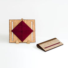 Load image into Gallery viewer, Birch wood and wine cork fabric clutch purse shown open and closed