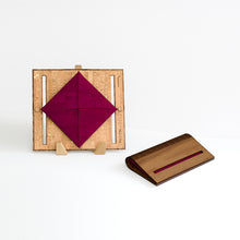 Load image into Gallery viewer, Walnut wood and wine cork fabric clutch purse shown open and closed
