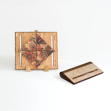 Load image into Gallery viewer, Birch wood and floral pattern cork fabric clutch purse shown open and closed
