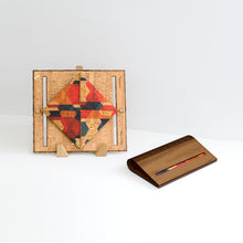 Load image into Gallery viewer, Walnut wood and modern pattern cork fabric clutch purse shown open and closed
