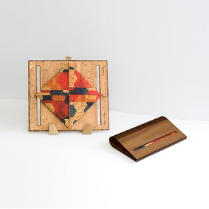 Walnut wood and modern pattern cork fabric clutch purse shown open and closed