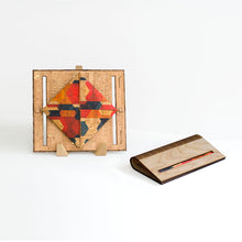 Load image into Gallery viewer, Birch wood and modern pattern cork fabric clutch purse shown open and closed
