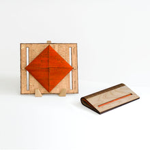 Load image into Gallery viewer, Birch wood and orange cork fabric clutch purse shown open and closed
