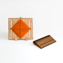 Load image into Gallery viewer, Walnut wood and orange cork fabric clutch purse shown open and closed
