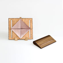 Load image into Gallery viewer, Walnut wood and rose gold cork fabric clutch purse shown open and closed
