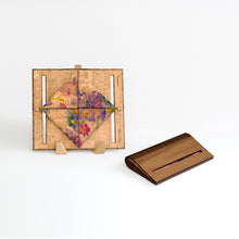 Load image into Gallery viewer, Walnut wood and flower pattern cork fabric clutch purse shown open and closed
