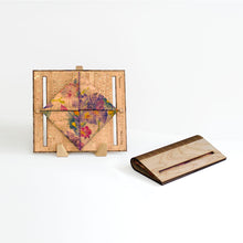 Load image into Gallery viewer, Birch wood and flower pattern cork fabric clutch purse shown open and closed
