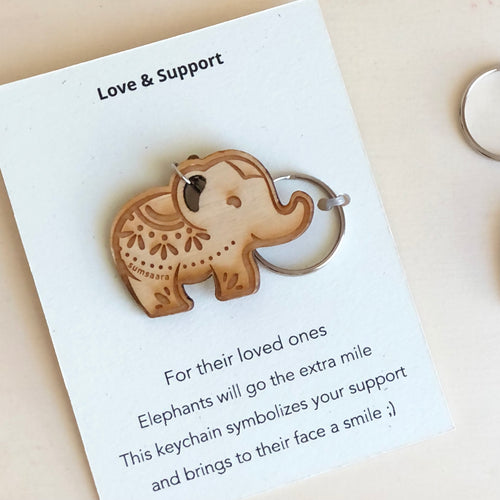 Love & Support Card: Birch Wood Elephant Keychain