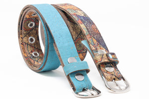 Vegan Reversible Belt in Mosaic & Turquoise Blue