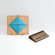 Load image into Gallery viewer, Walnut wood and turquoise cork fabric clutch purse shown open and closed
