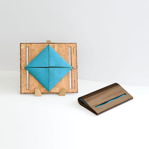 Walnut wood and turquoise cork fabric clutch purse shown open and closed