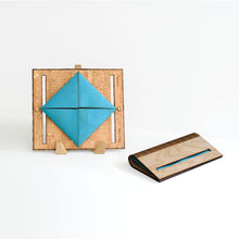 Load image into Gallery viewer, Birch wood and turquoise cork fabric clutch purse shown open and closed
