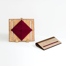 Load image into Gallery viewer, Birch wood and wine cork fabric clutch purse shown open and closed
