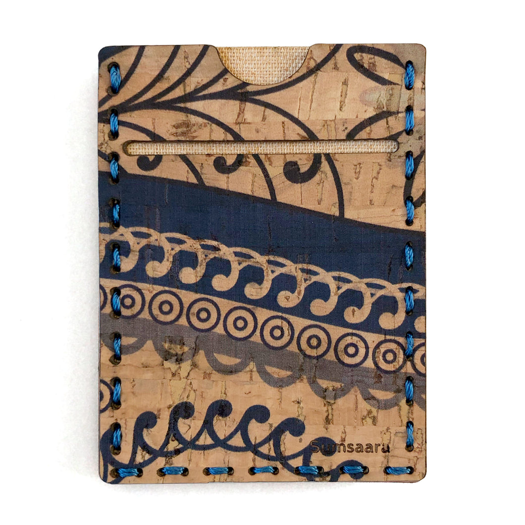 Blue patterned cork fabric card wallet